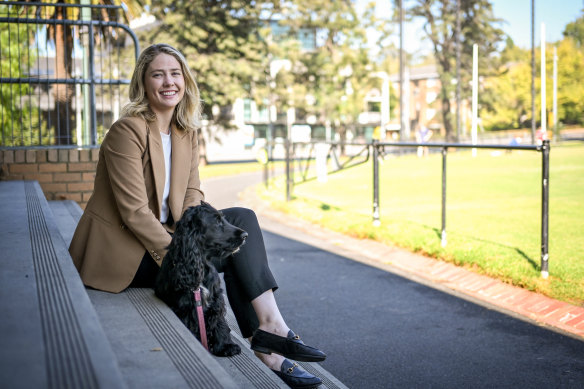 Amelia Hamer with her dog Juno. She will take on teal Monique Ryan as the Liberal Party’s candidate for Josh Frydenberg’s former seat of Kooyong. 