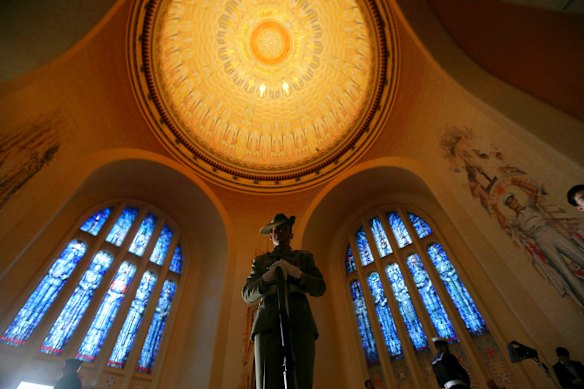 A catafalque party guards the Tomb of the Unknown Australian Solider at the Australian War Memorial.