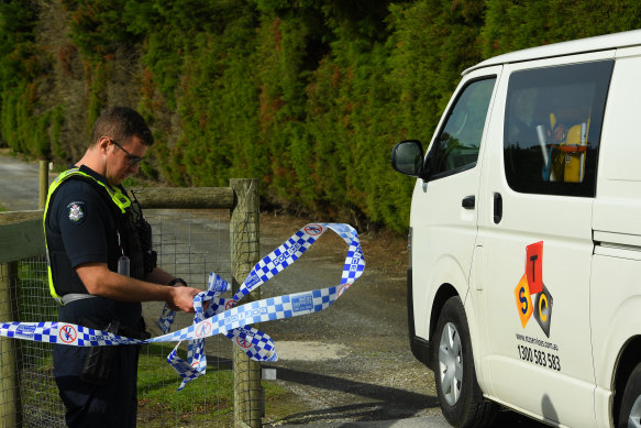 Police at Ms Leek's Devon Meadows property on Wednesday.