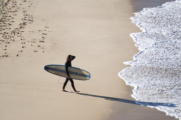 A surfer takes to the water at Bondi this weekend amid chilly temperatures.