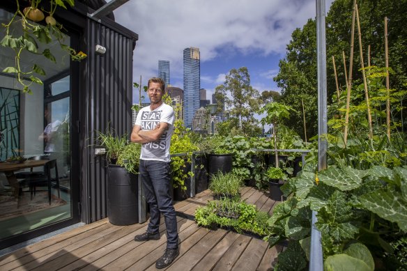 “I was shocked by the volume of food that we grew”: Joost Bakker at the eco house he built at Melbourne’s Federation Square.