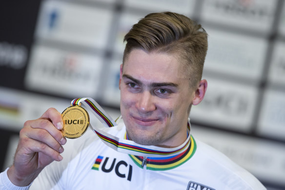 Matthew Glaetzer at the 2018 track world championships where he won gold in the men's sprint. 