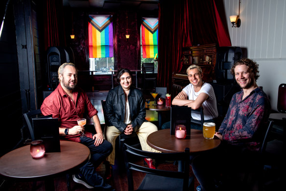 Fruit Box Theatre’s Madeleine Gandhi (middle left) and Sean Landis (middle right) will host a takeover of Oxford Street’s newest venue, Meraki Arts Bar, during WorldPride. Meraki venue manager Kieran Took (far left) and artistic director Luke Holmes (far right). 