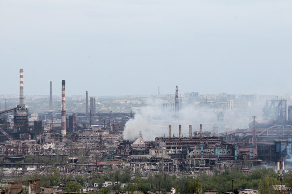 Smoke rises from the Metallurgical Combine Azovstal in Mariupol in territory under the government of the Donetsk People’s Republic.