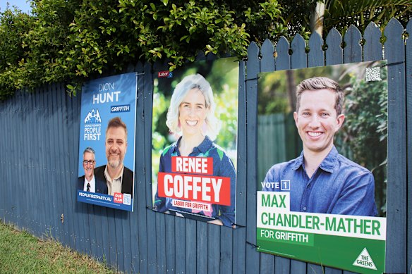 Corflute posters on a home in Stones Corner, in the key Brisbane electorate of Griffith.