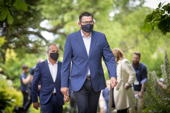 Daniel Andrews approaches the media after the release of the Coate report.