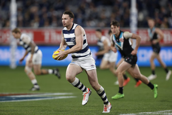 Geelong veteran Patrick Dangerfield has a run against Port Adelaide at GMHBA Stadium.