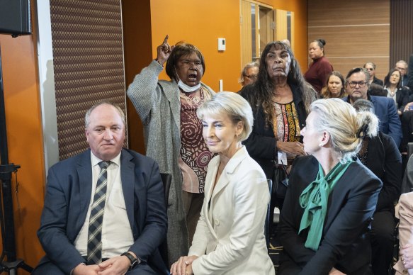 An Aboriginal woman in the audience was told to sit down after airing her views on the Voice before Jacinta Nampijinpa Price’s speech.