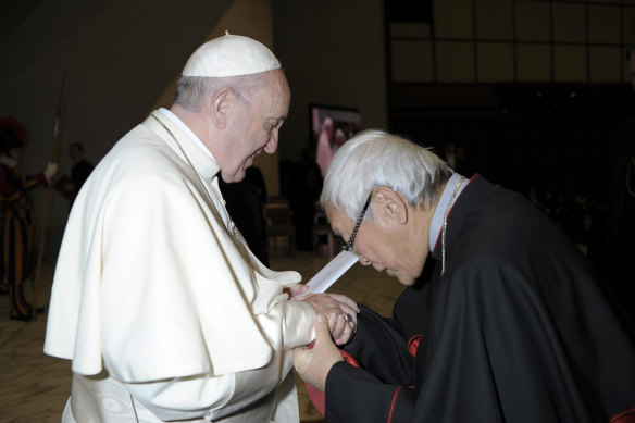 Cardinal Joseph Zen greets Pope Francis  in January 2018.