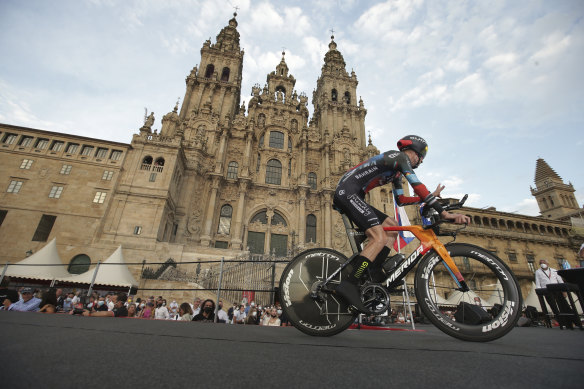 Bahrain Victorious rider Jack Haig passes the cathedral in Santiago during Sunday’s final stage.