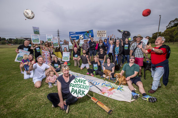 Save Footscray Park members (pictured here on Monday) gathered outside council halls before Tuesday's meeting.