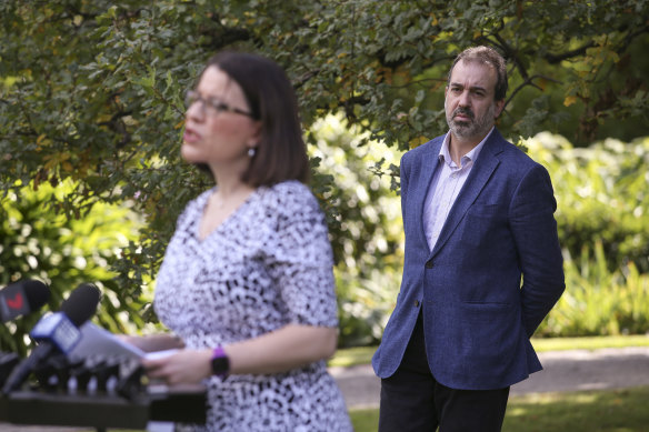 Andrews government ministers Jenny Mikakos and Martin Pakula at a press conference where security guards were discussed.