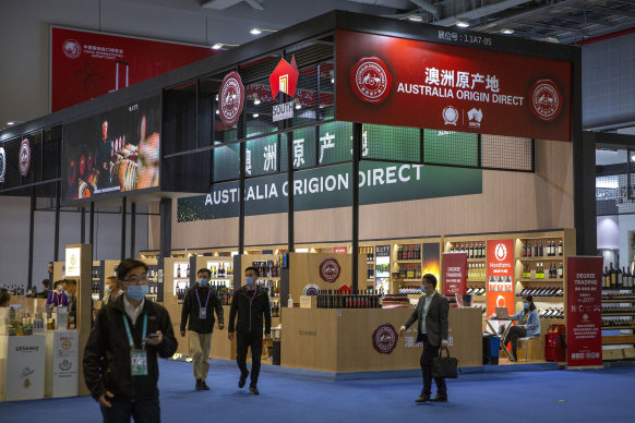 Australian wine in show in Shanghai before Beijing’s restrictions. China announced those tariffs would be removed on Friday.