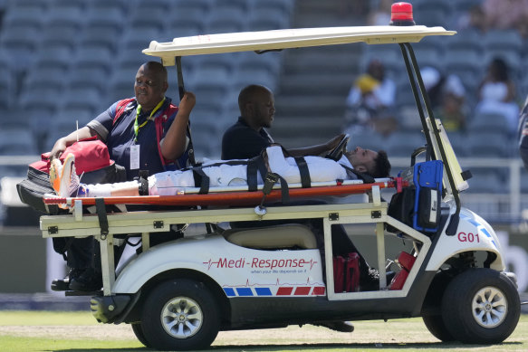 Keshav Maharaj was taken from the field after his injury.