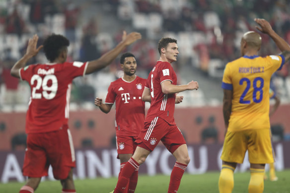 Benjamin Pavard (centre) celebrates what proved the decisive goal for Bayern Munich against Mexican side Tigres in the Club World Cup final.