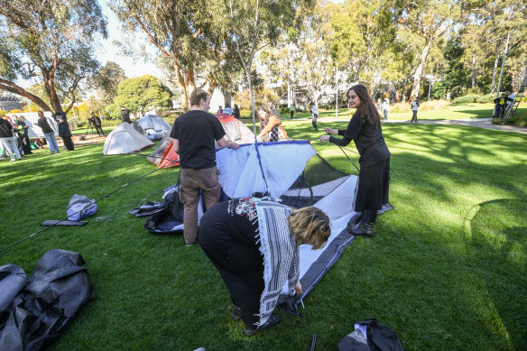 Students set up a new protest camp at Monash University on Wednesday.