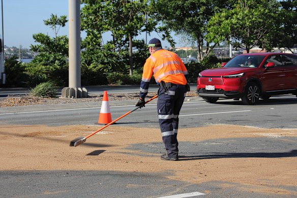 Crews were still on the scene well over four hours after the crash, with debris cleared off the road and absorbents used to clear spilled fuel and other liquids.  
