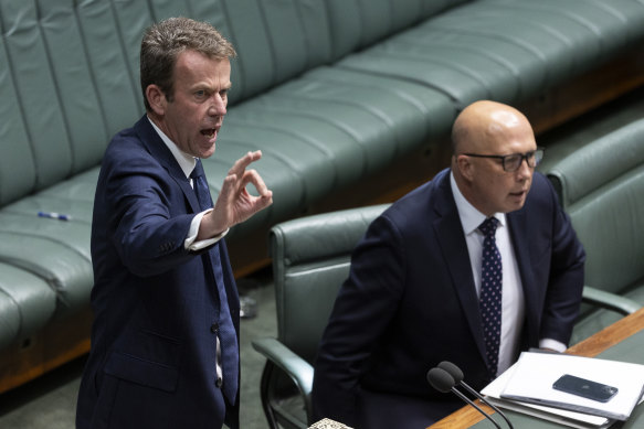 Opposition spokesman for immigration and citizenship Dan Tehan and Opposition Leader Peter Dutton in parliament on Thursday.