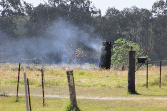 A smouldering tree stump that caught fire after the crash.
