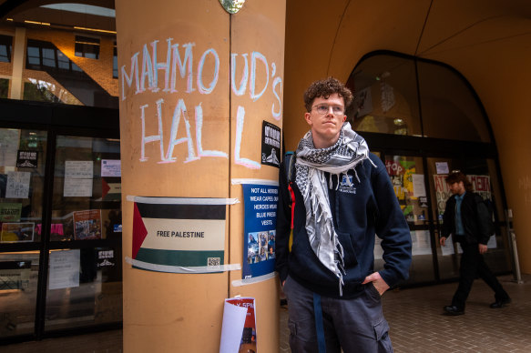 Protesters have renamed the Arts West building Mahmoud Hall, in honour of a Palestinian student who they say intended to study at Melbourne University on a scholarship this year but was killed in Gaza on October 20.