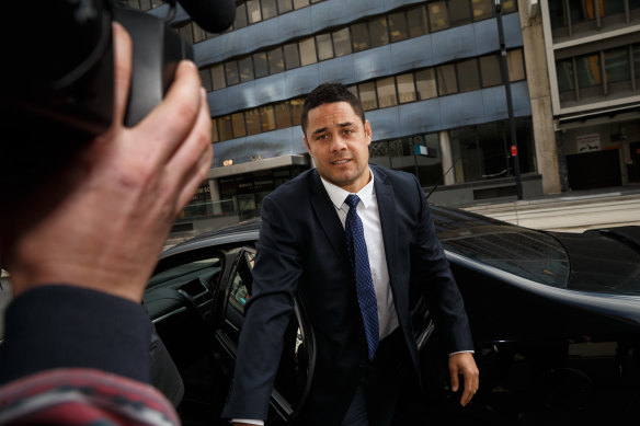 Jarryd Hayne arrives at Newcastle Local Court for the hearing on Wednesday.