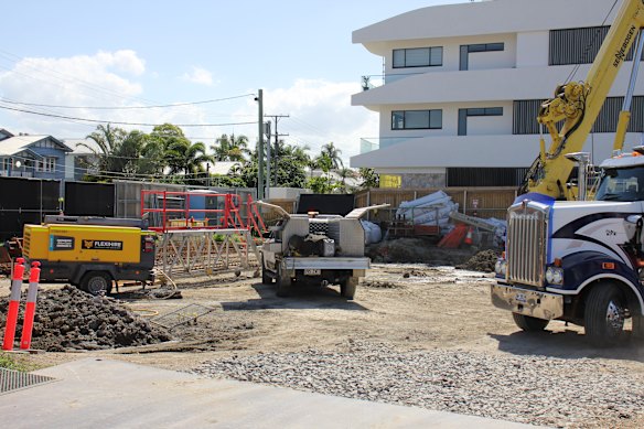 Workers on the construction site at 3 Byron Street in Bulimba on Wednesday. 