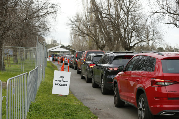 A packed Albert Park drive-through testing clinic today. 