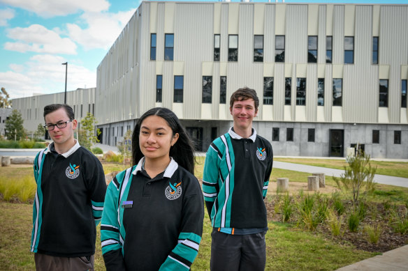 Greater Shepparton Secondary College year 12 students Rowan Farren, Kesalini Muli and Tristan Phipps are embracing the bigger range of subjects at the new school.