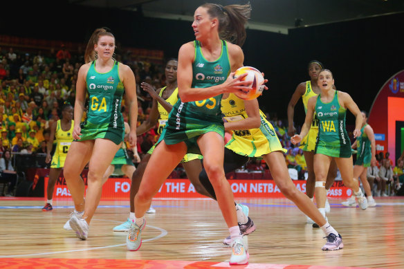 Cara Koenen of Australia in action during the Netball World Cup 2023 semi-final against Jamaica.