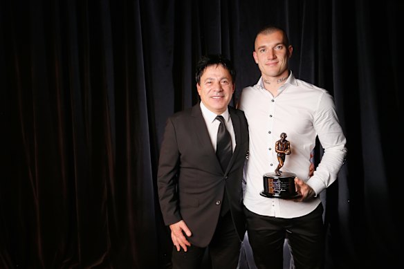  Tigers champion Dustin Martin (right) with his then-manager, Ralph Carr, after winning the 2017 AFL Players’ Association Most Valuable Player Award.