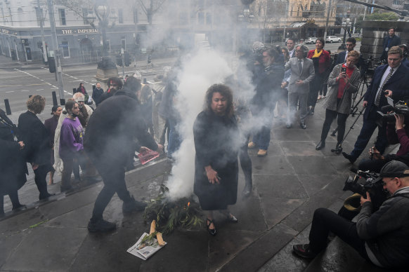 A cross-section of people, including Victorian MPs, attended a smoking ceremony on the steps of Parliament House on Wednesday ahead of the debate on the Treaty Authority Bill.