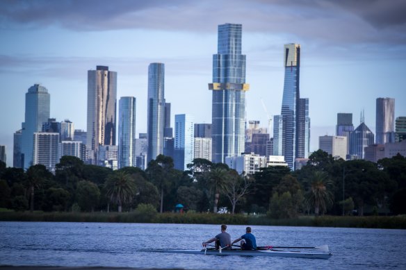 Melbourne’s skyline as seen from Albert Park Lake.