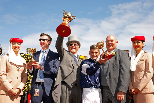 Joseph O’Brien (second from left), pictured with Lloyd Williams and Corey Brown after Rekindling’s 2017 Melbourne Cup win.