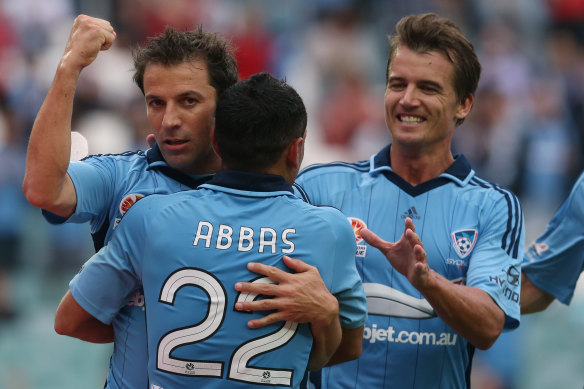 Alessandro Del Piero celebrates one of his four goals for Sydney FC against Wellington Phoenix in January 2013.