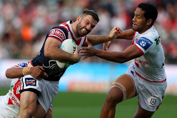 James Tedesco struggles to find a way through in Gosford.