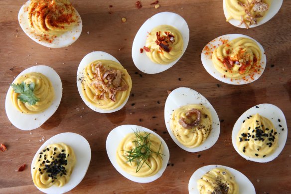 Devilled eggs, a 1970s staple, but still one of my favourite canapes. These ones by Jill Dupleix. 