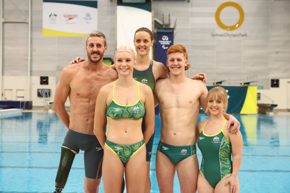 Members of the Australian Paralympics swimming team, from left, Brenden Hall, Keira Stephens, Ellie Cole, Col Pearse and Tiffany Thomas Kane at their uniform launch for the Tokyo Games.