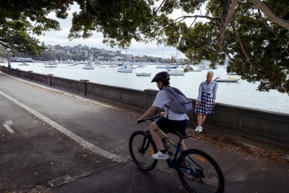 Woollahra councillor Harriet Price by the shared pedestrian bike path on New South Head Road in Rose Bay.