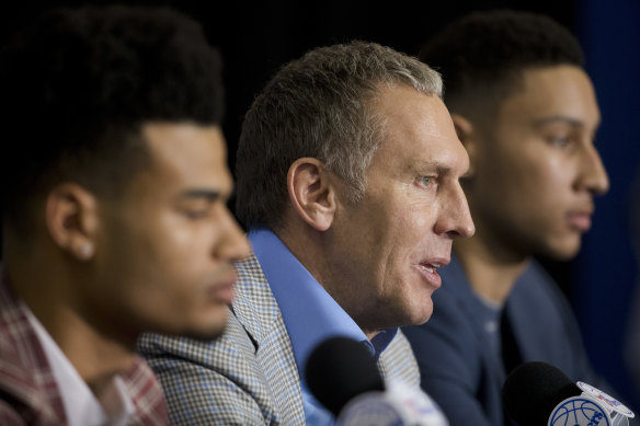 Former 76ers executive Bryan Colangelo (centre) is part of a consortium that has taken ownership of the Illawarra Hawks.
