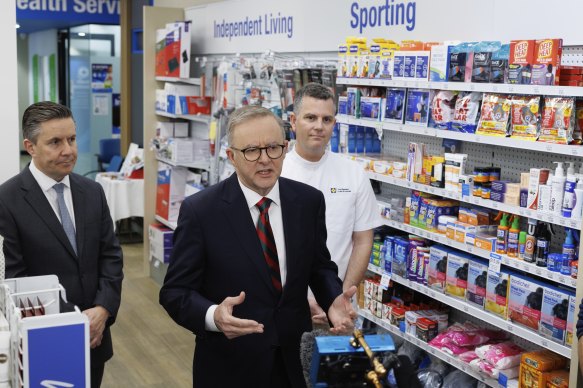 Prime Minister Anthony Albanese speaking to the media from a Canberra pharmacy on Wednesday. 