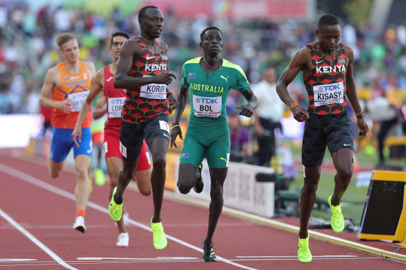 Peter Bol (centre) was third in his 800m semi and had to wait to find out if he qualified for the final.