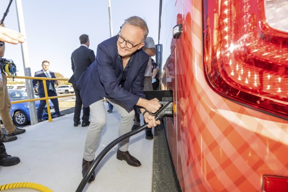 Opposition Leader Anthony Albanese with an electric bus during a visit to the Swan Transit Joondalup Bus Depot, in Joondalup, WA.