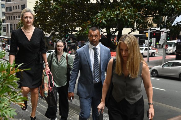 Barrister Margaret Cunneen, SC, (left), Kurtley Beale and solicitor Lauren MacDougall (right) arrive at the Downing Centre District Court in Sydney on Thursday.