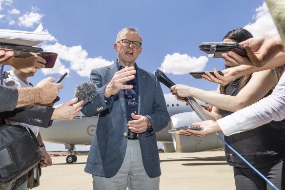 Anthony Albanese addresses the media after arriving at Torrejón Air Base in Madrid.