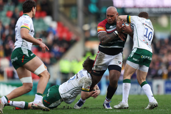 Nemani Nadolo powering through tackles for Leicester against London Irish.