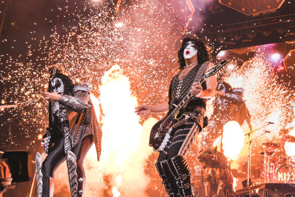 Gene Simmons (left) and Paul Stanley of KISS perform live during their 2022 End Of The Road World Tour at Rod Laver Arena in Melbourne on August 20, 2022. 