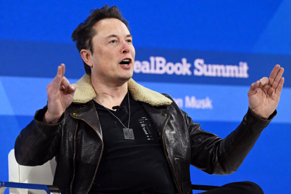 Elon Musk makes a point during The New York Times Dealbook Summit last November.  