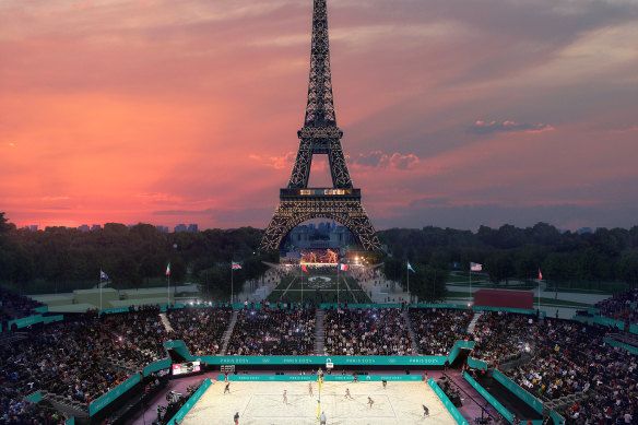 An artist’s impression of the Eiffel Tower Stadium, which will host beach volleyball at the Paris Games.