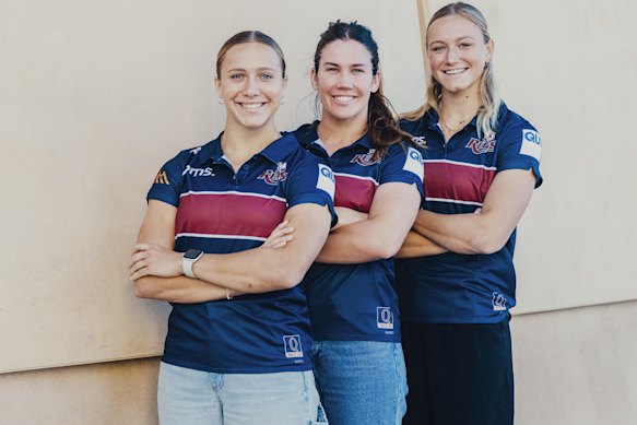 Teagan Levi, Charlotte Caslick and Maddison Levi in December after signalling their intent to play for the Wallaroos this year.