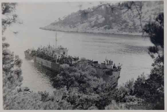 An Allied landing craft bearing a red star on the bridge, painted for the Yugoslav partisans.